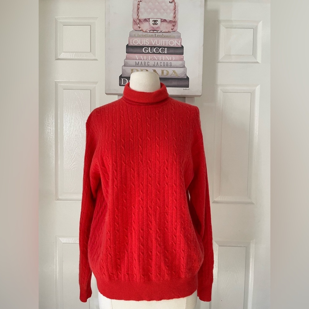 Valerie Stevens Vibrant Red Turtleneck Sweater 100% Cashemere
